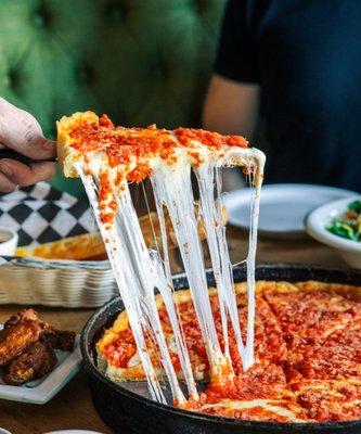 Lou Malnati's legendary deep dish cheese pull
