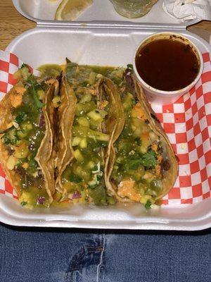 Quesa tacos. Left quesabirria, middle quesanopal, right quesaadobada. Best tacos in Visalia!