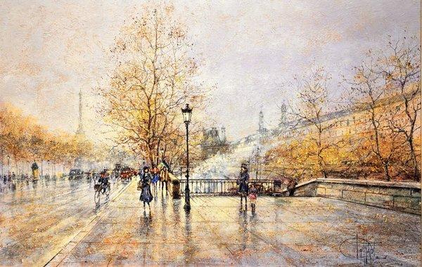 Walk with Guy Dessapt through the rainy autumn streets of Paris in "Paris Les Quais". View at Expression Gallery of Fine Art in Hinsdale.