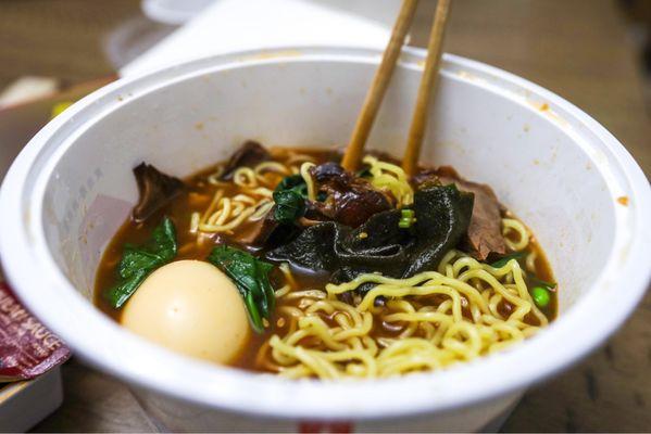 Ramen with Hell soup base and beef.