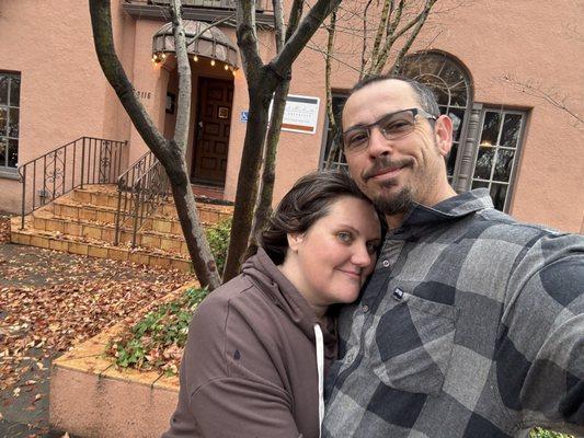 My husband and I on our way out in front of the Fong mansion