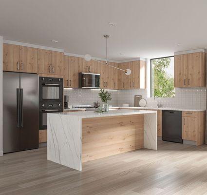 Rustic Oak frameless cabinets with quartz countertops.