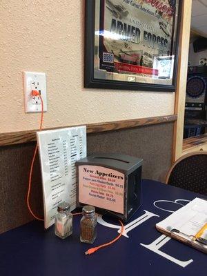 List of new appetizers. Note thoughtful micro USB charging cord.