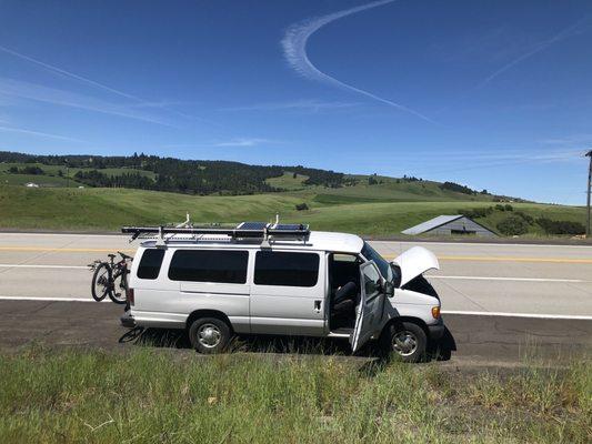 side of the road, waiting for a tow