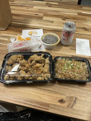 General Tso's chicken with fried rice and eggroll.