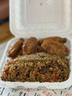 Korean Fried Chicken w/sweet chili and Korean fried Rice w/beef bulgogi.