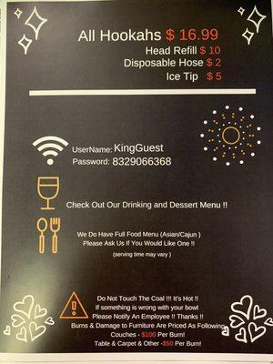 Hookah menu
