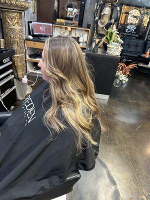 I wish i had the before pic. .Taken from natural to a soft blend of Highlights with shadow root and Money piece around the face