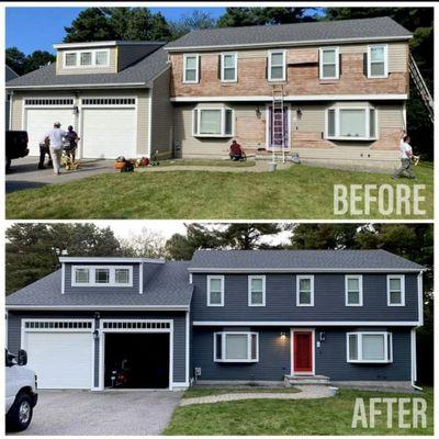 New siding Installation, Before & After Picture .  We installed Certainteed Monogram vinyl Siding  Color midnight Blue.