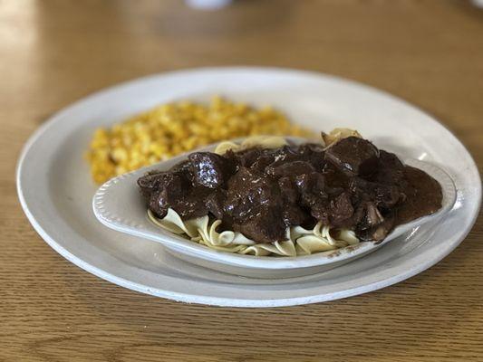 Thursday Special: Sirloin Tips with mushrooms over pasta. Steam corn as a side