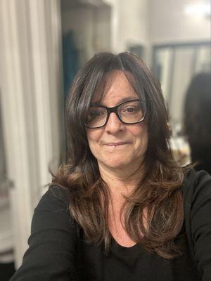 Root touch-up, layered trimmed hair cut, wash, blow-out