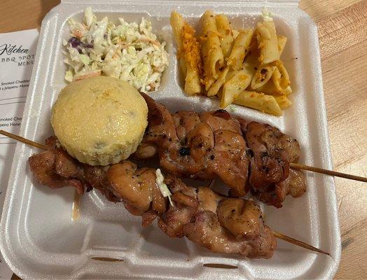 Chicken Skewer Dinner with honey jalapeños cornbread, coleslaw and smoked cheddar Mac n cheese