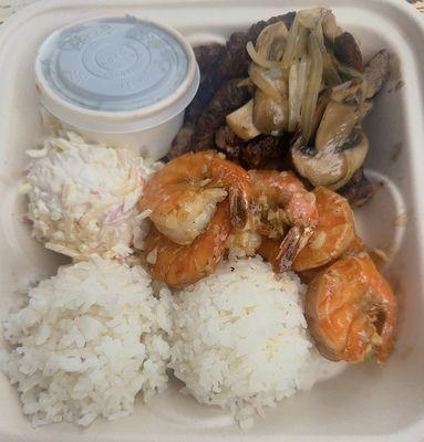 Combo Steak and Garlic Shrimp Plate with Mac Salad and Fiyah sauce
