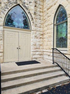 Entrance to church, still beautiful windows.