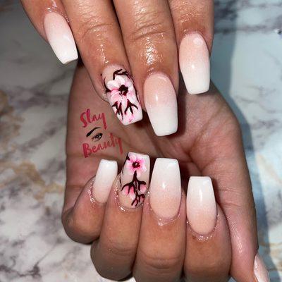 Ombré French Nails w/ Painted Acrylic Flowers