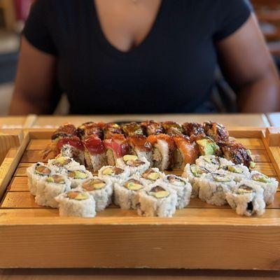 Alaska, Dragon, and Rainbow Dragon sushi rolls.