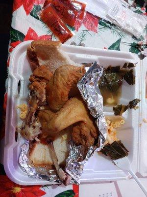 Chicken dinner 2 sides - collards and macaroni and cheese, all DELICIOUS!!!