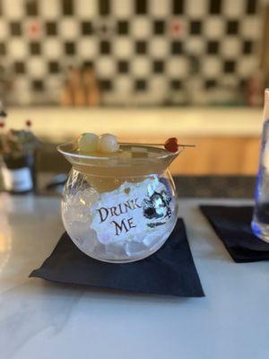 Mar Drink me cocktail, a very elevated version of a dirty gin martini