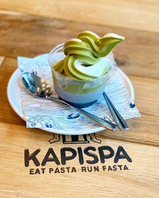 Black sesame pudding with matcha vanilla swirl soft serve