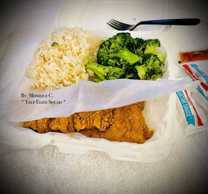Crispy Fried Catfish, White Rice , Steamed Broccoli