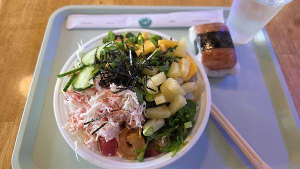 Three protein poke bowl (ahi tuna, spicy shrimp, tamago,) spam musubi