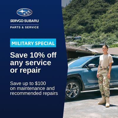 Military Members & Veterans save on any maintenance or repairs. Book your next service online today, and enjoy our many service amenities!