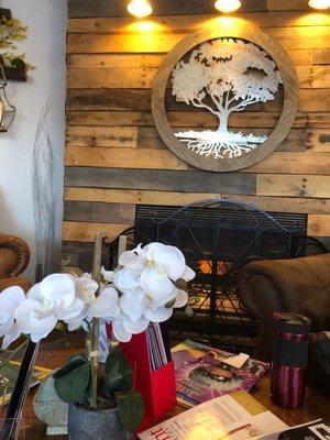 Fireplace, coffee and (well it's a health place) hand sanitizer!