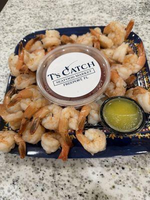 Steamed shrimp, T's Catch cocktail sauce and melted butter!