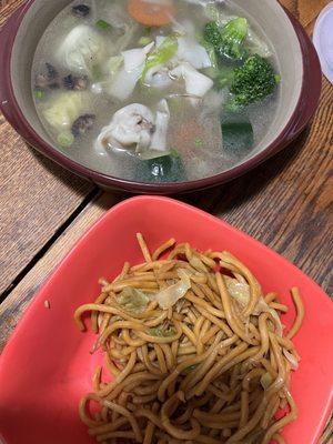 Wonton soup Small chow mein. My dishes at home