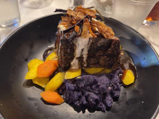 Short Rib "Stroganoff" - smashed purple potatoes, root vegetables, mushroom port jus, rosemary creme fraiche