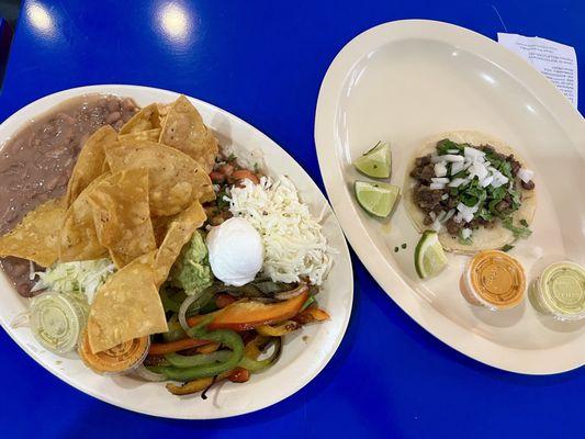 Veggie Bowl with one steak taco.