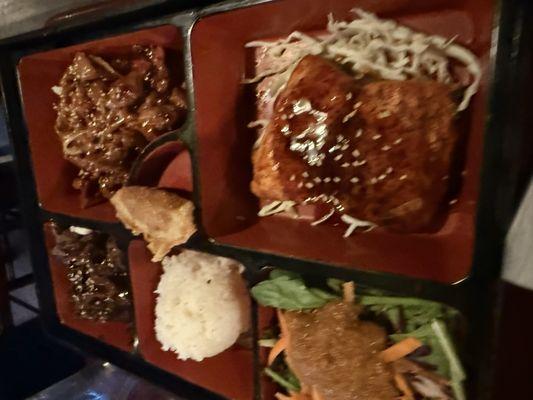 Salmon, beef and pork teriyaki