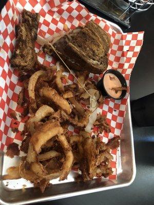 Patty Melt with sad onion rings