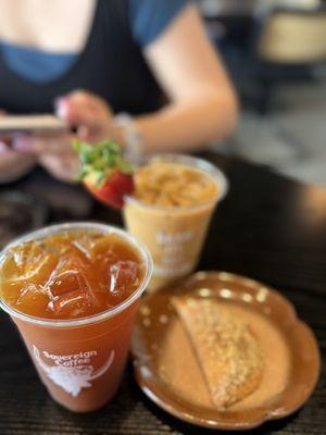 Iced Americano, Strawberry Latte, Empanada