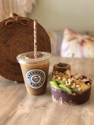 Tropical bowl and a cold brew