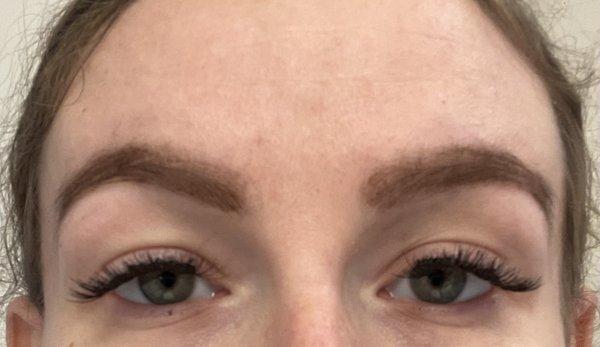 Eyebrows are uneven, discolored, and blotchy! Eyelashes are uneven, do not sit up properly.
