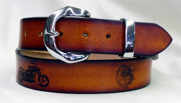 Aged edge belt with Motorcycle and eagle. Buckle is chrome on solid brass