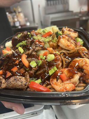 Steak and shrimp lo mein