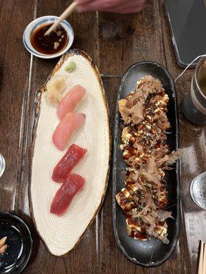 Hamachi nigiri, tuna nigiri, yaki tots