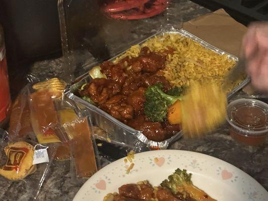 Orange Chicken combo plate, like an orange flavored Tso's but no heat at all. Very good