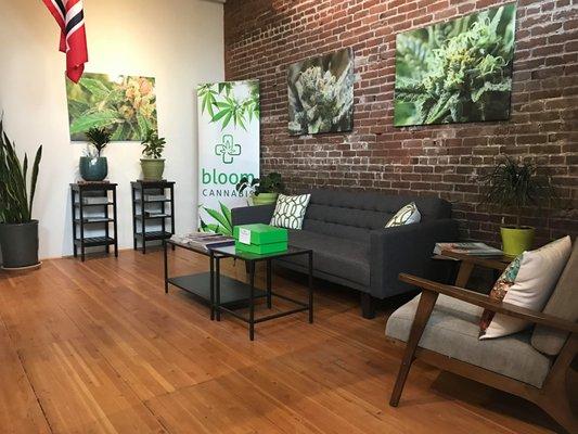 A view of our lobby, always has the best reading material with focus on marijuana product as well as Willamette Weekly & Portland Metro !