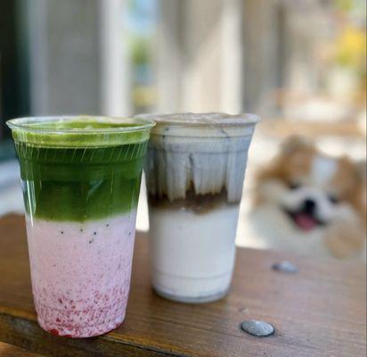 Strawberry Matcha Latte ($7) + Banana Cream Hōjicha Latte w/ oat milk ($7)