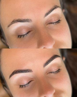 Symmetry signature brow shaping and hybrid stain