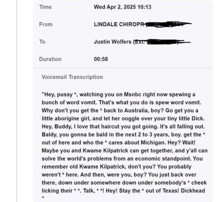 A comment that someone from this office made to a person in MSNBC using vulgar and racist language.