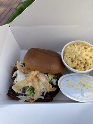 Sweet and Spicy BBQ Brisket sandwich. Side of Mac'n Cheese.