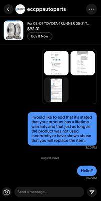 Showing them proof about their "lifetime warranty". No response from them.