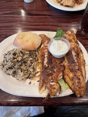 Walleye fillets with wild rice and a wonderfully delicious roll