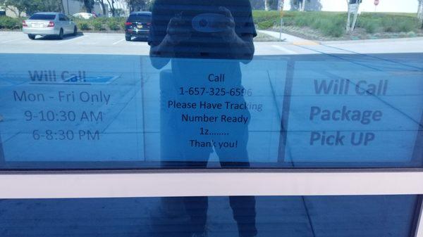 Will Call. Monday to Friday only. 2 available hours: 9am-10:30am & 6pm-8:30pm.