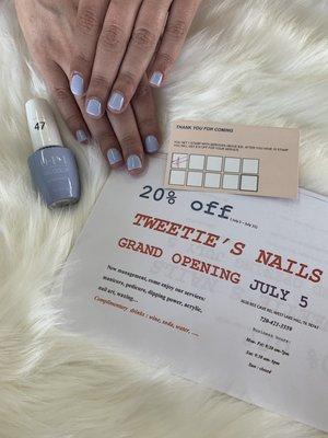 Hi everybody, Tweetie's Nails under New management, for the month of July we're giving 20% off of your service!!!