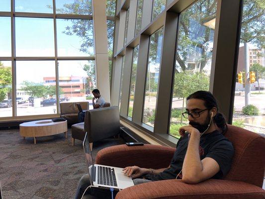 My partner and I frequently stop in libraries to get work done. This was a beautiful and cozy area to sit and utilize the WiFi.